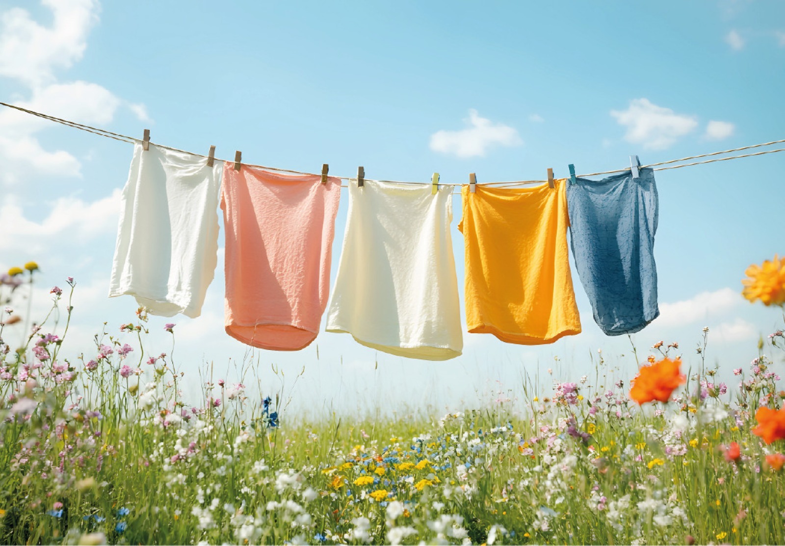 Roupas coloridas penduradas em um varal com pregadores, ao ar livre, acima de um campo florido sob céu ensolarado. Roupas coloridas penduradas em um varal com pregadores, ao ar livre, acima de um campo florido sob céu ensolarado.